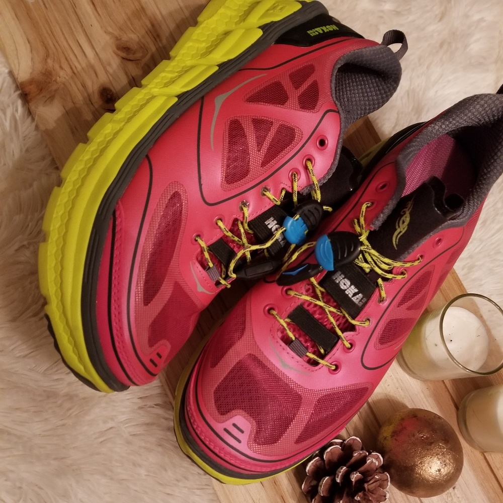 Hoka Women's Pink and Yellow Trail Sneakers
